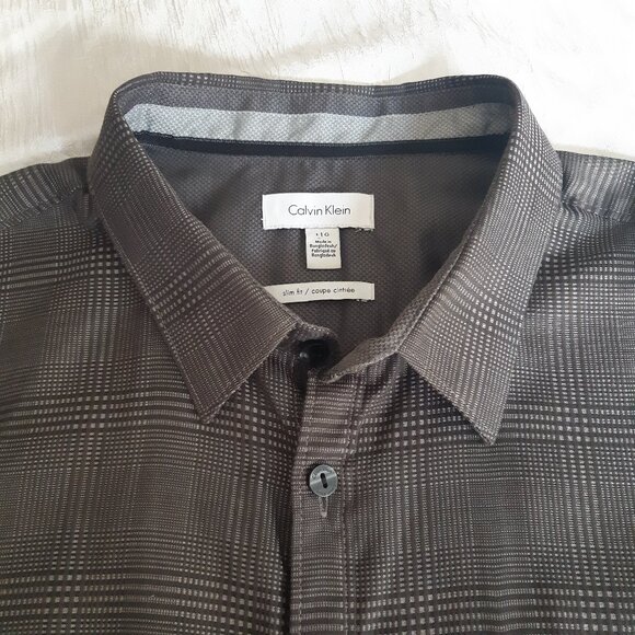 Calvin Klein SZ L Slim Fit Black/White Glen Check Men's Shirt ⚡️BUY 3 for $55⚡️ - Picture 3 of 14